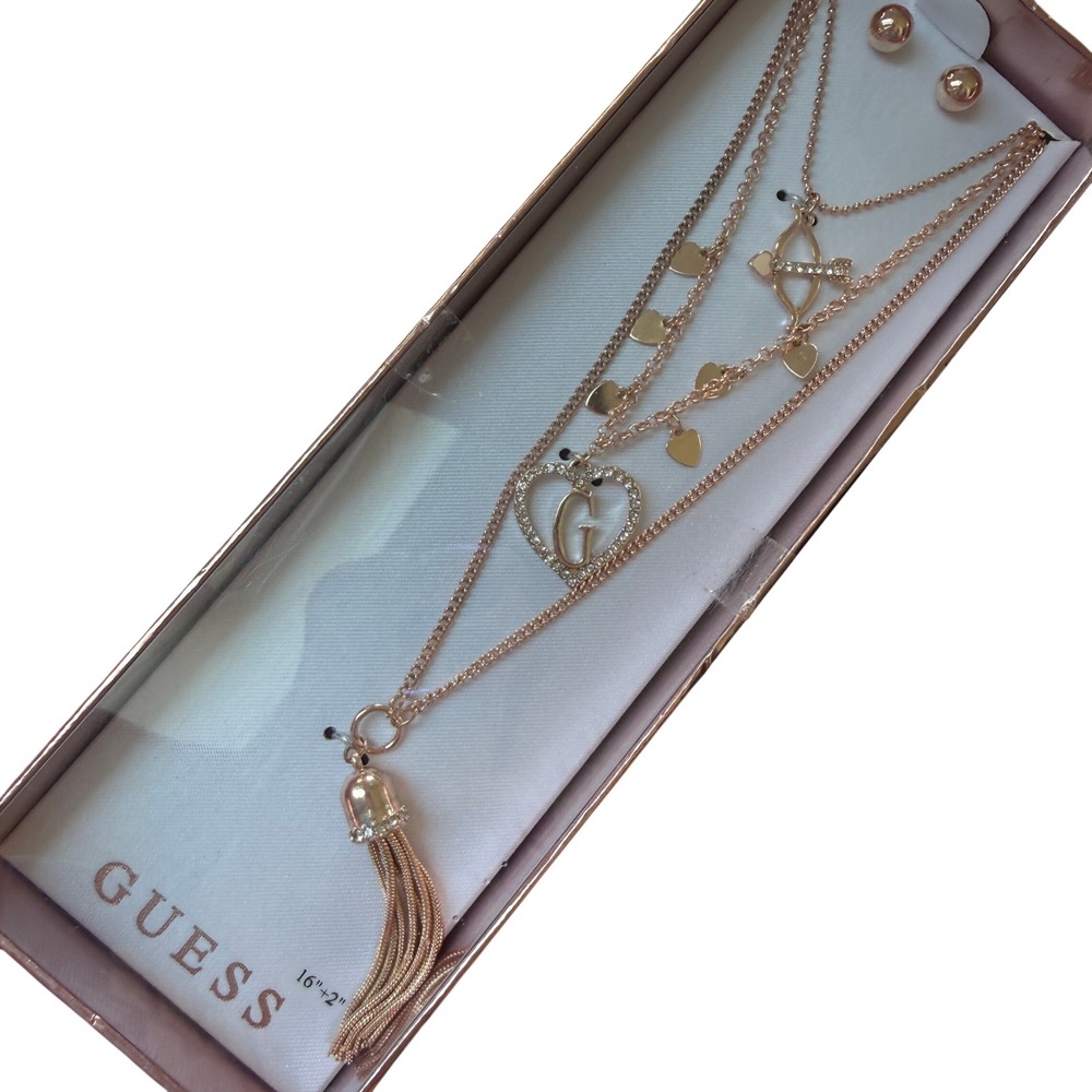 GUESS Jewelry‎ Set Rose Gold Layered Heart Tassel Romantic Glam Chic